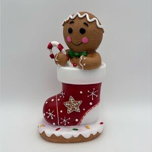 Adorable Gingerbread in Stocking With Candy Cane Resin Holiday Christmas Decor